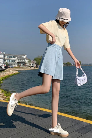 High Waist Knee Length Denim Shorts