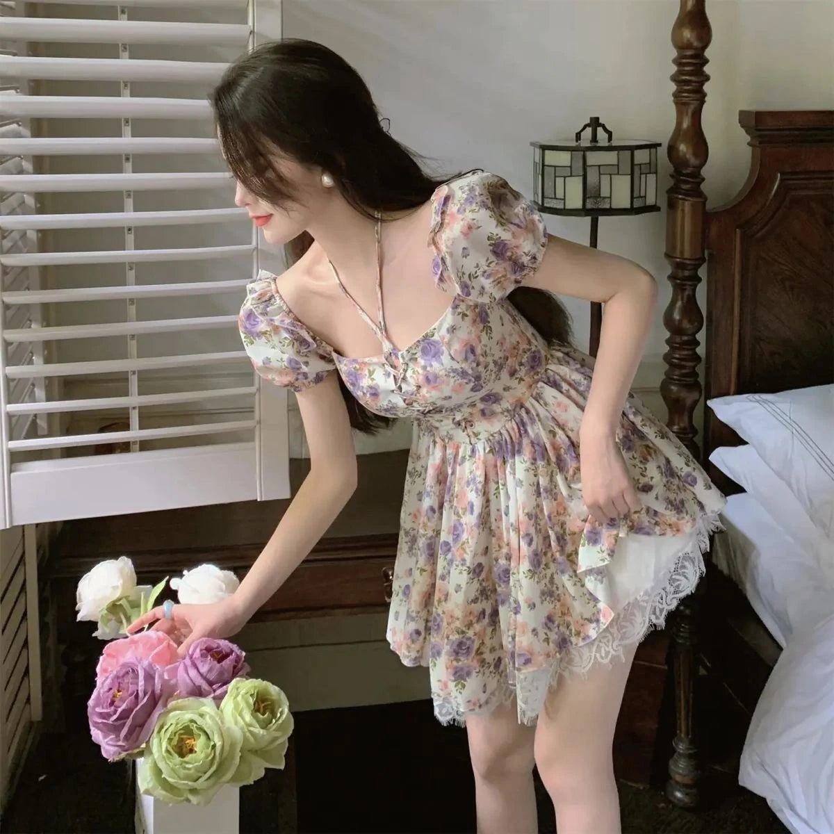 Sexy Florals Pattern Chiffon Bodycon Dress