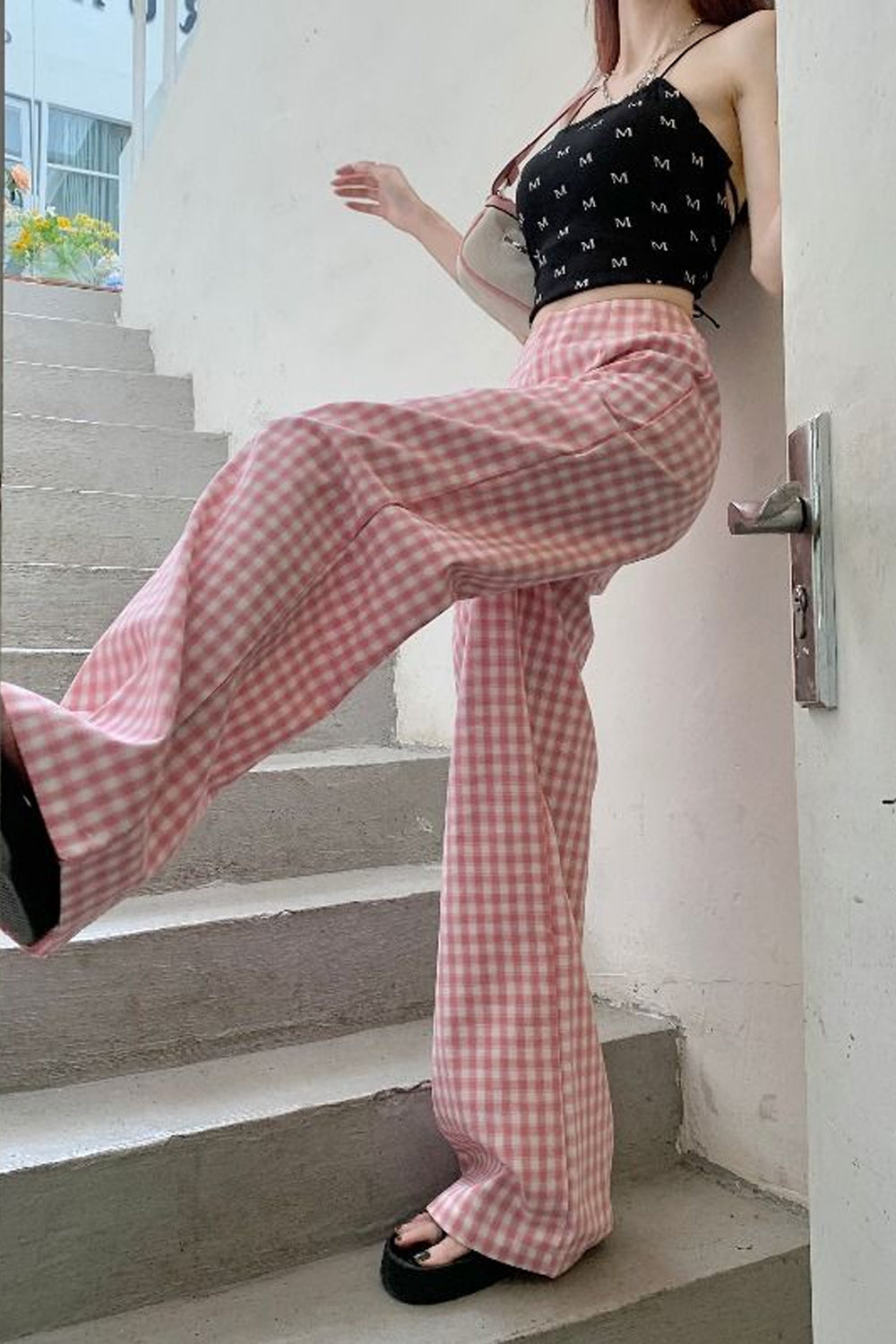 High Waist Elegant Pink Plaid Wide Leg Long Pants