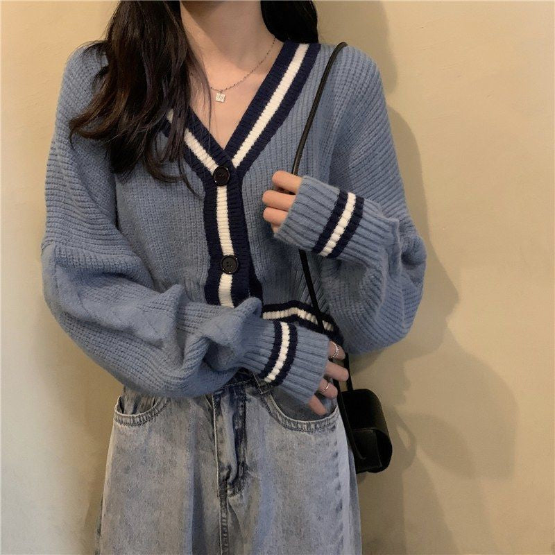 V-Neck Elegant Striped Cardigan Sweater