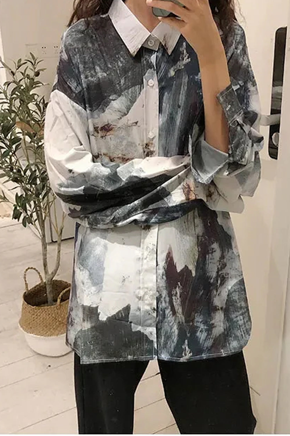 Casual Abstract Ink Pattern Long Sleeve Blouse Shirt