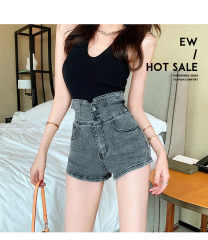 Jeansshorts mit sehr hoher Taille und Knöpfen 