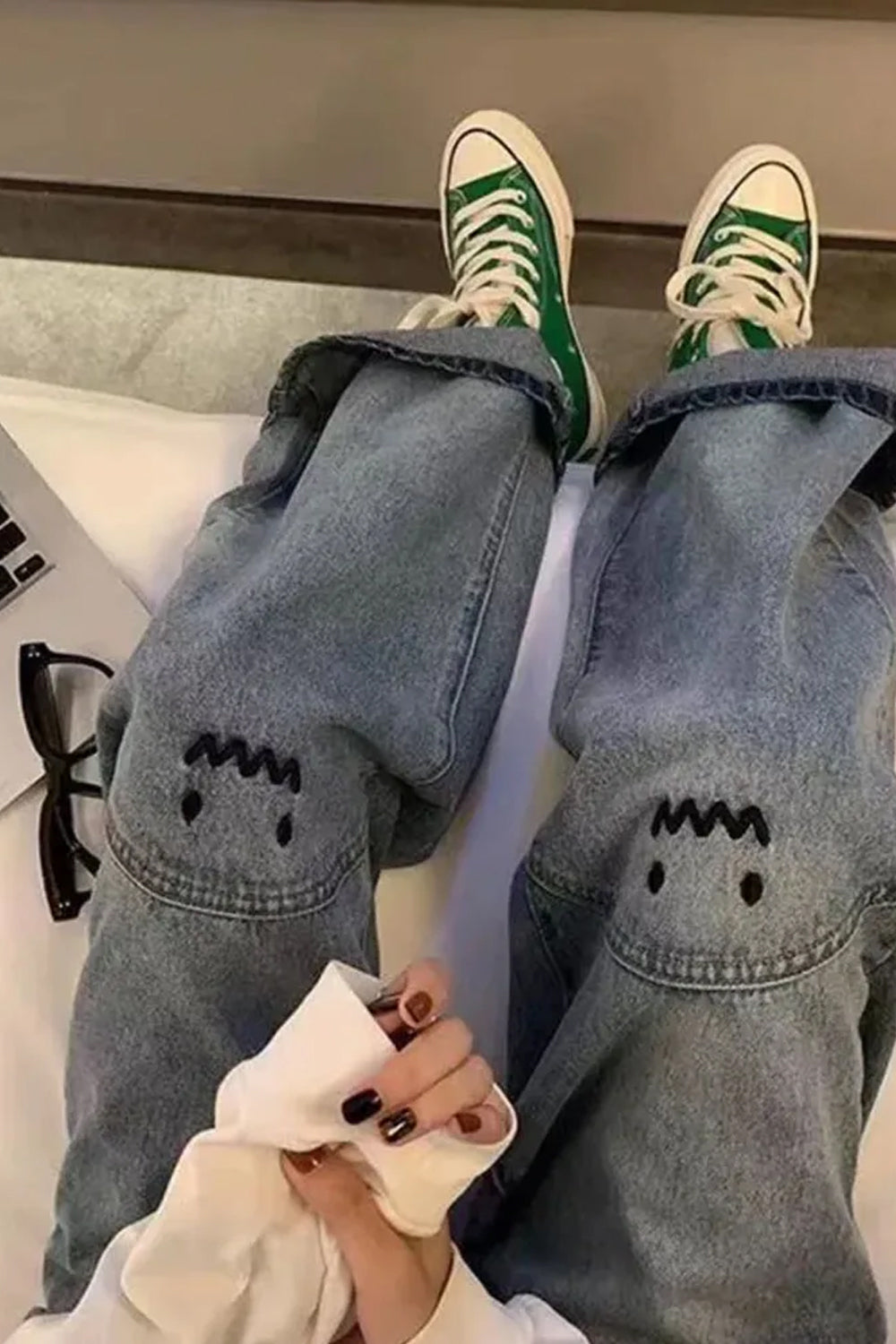 Süße Monster Smiley Lange Jeanshose mit hoher Taille 