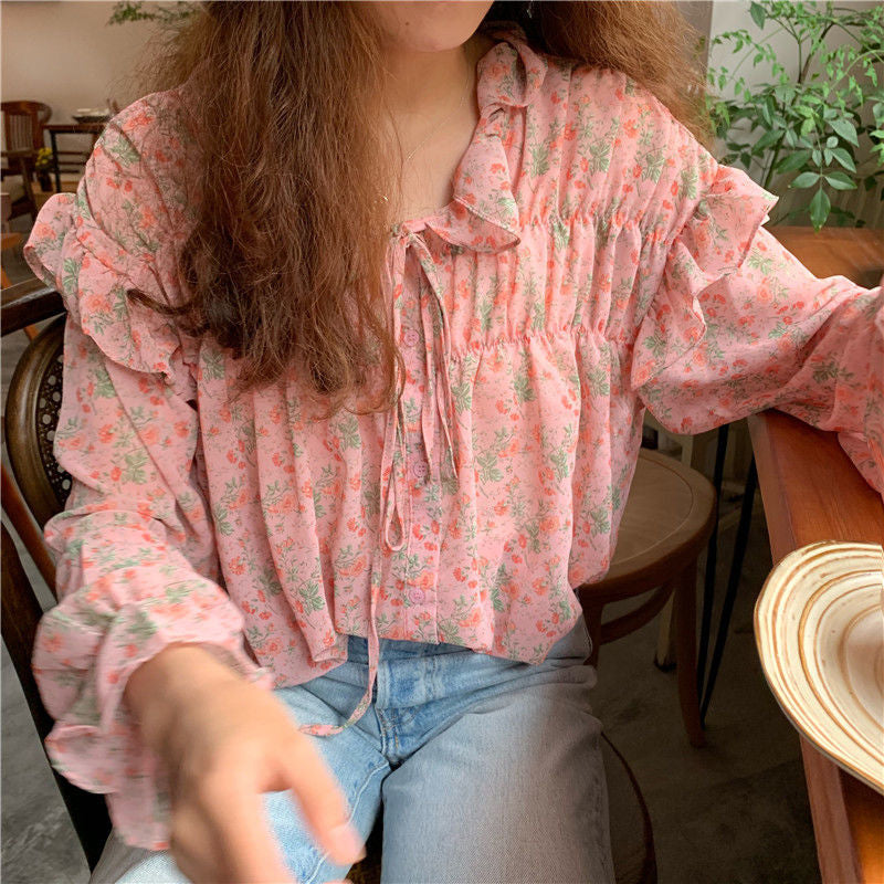 Lockere Blusen aus Chiffon mit Blumenmuster in Rosa 