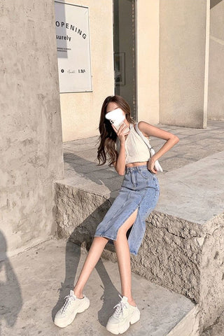 High Waist Sexy Slit Midi Denim Skirts