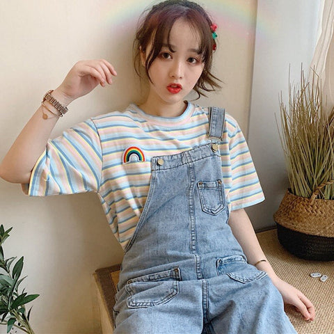 Rainbow Pocket Embroidered Casual Striped Shirt