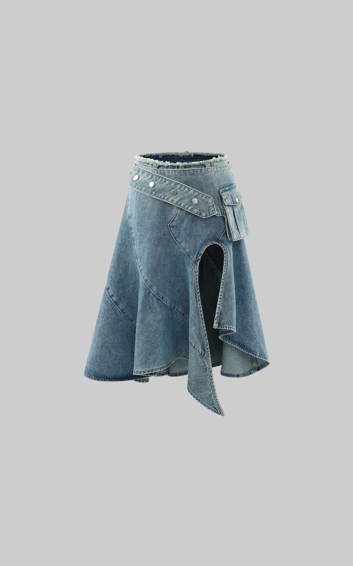 Asymmetric Pocket Flare Denim Skirt with Deconstructed Belt Detail