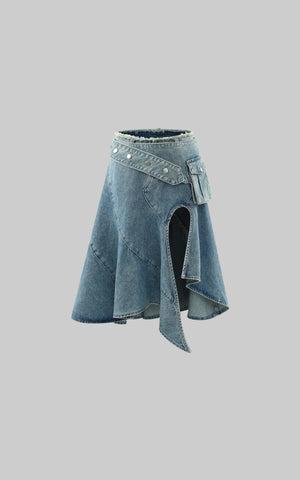 Asymmetric Pocket Flare Denim Skirt with Deconstructed Belt Detail
