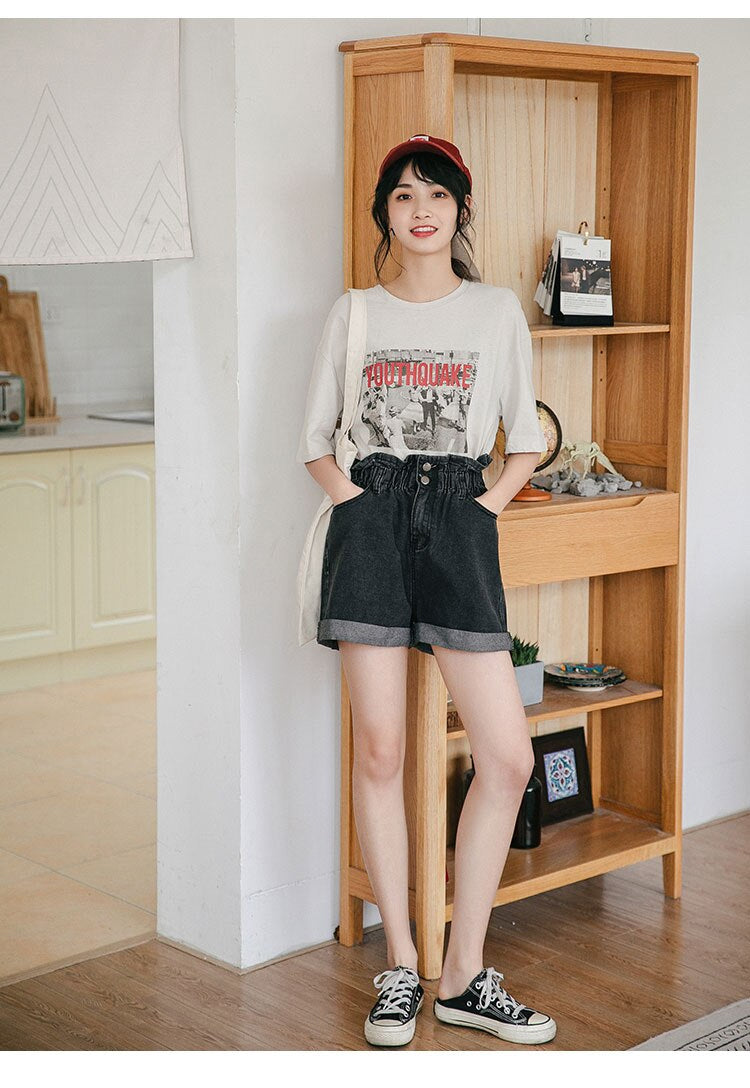 High Waist Elastic Waist Ruffles Denim Shorts