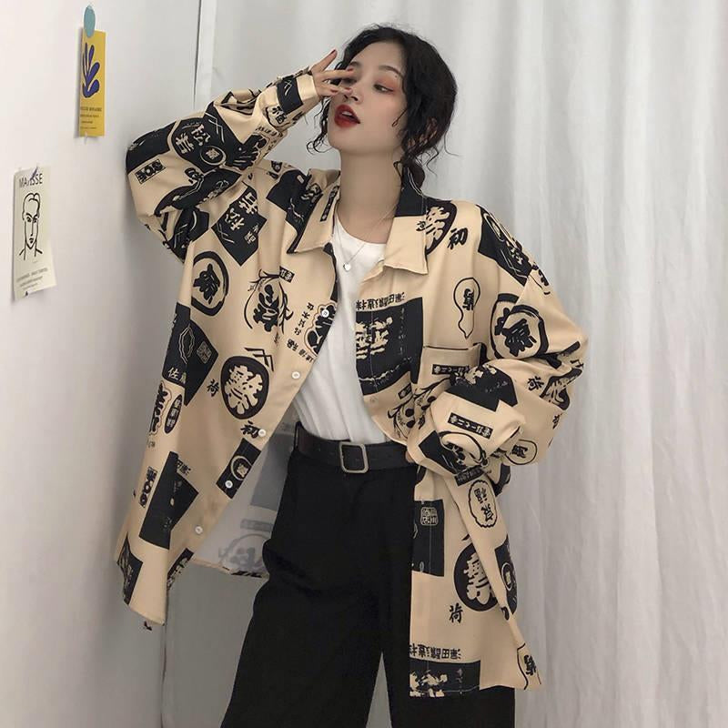 Chinese Art Pattern Printed Blouse Shirt