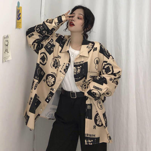 Chinese Art Pattern Printed Blouse Shirt