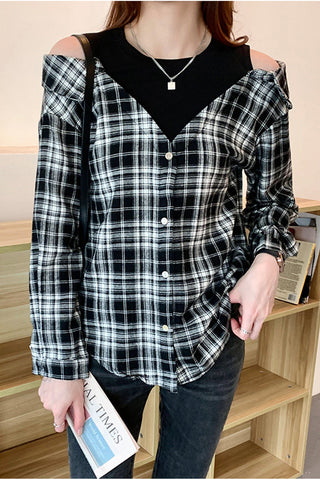 Fake Two Off Shoulder Plaid Blouse Shirt