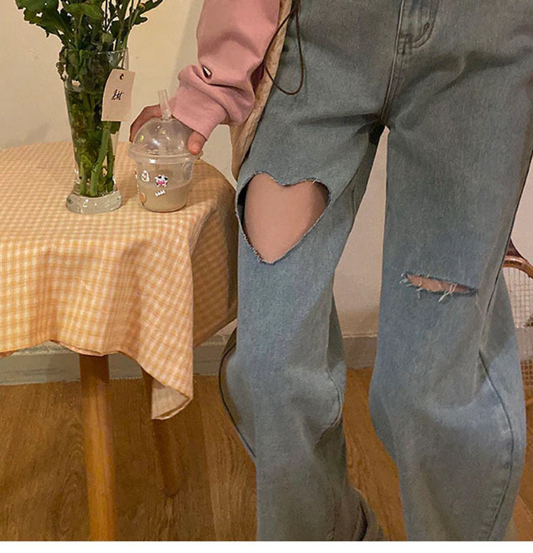 High Waist Heart Shaped Hole Jeans Pants