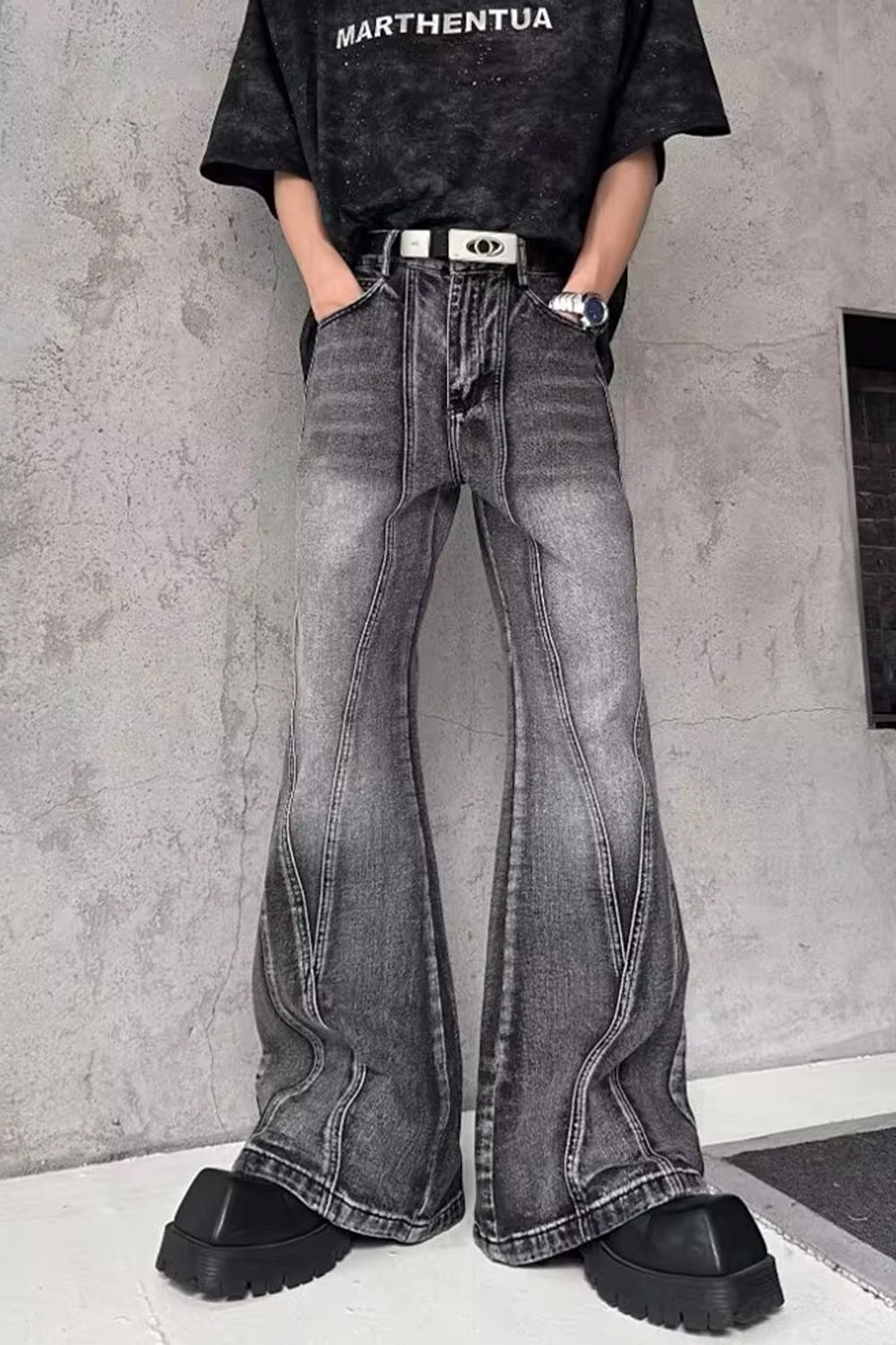 Retro Flare Style Washed Grey Jeans Pants
