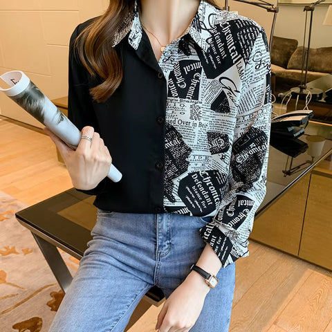 Long Sleeve Newspaper Printed Half Style Blouse Shirt