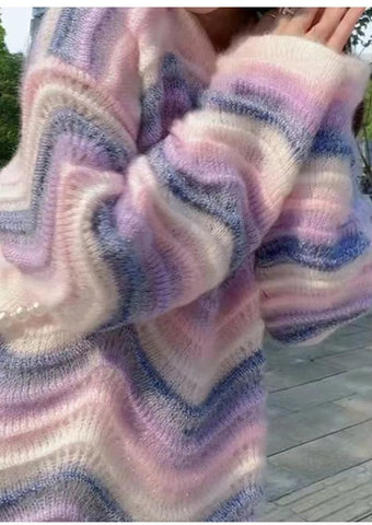 Long Sleeve O-Neck Knitted Wave Striped Sweater