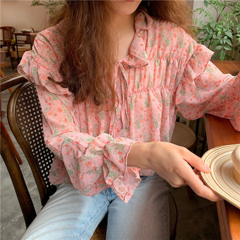 Long Sleeve Ruffled Style Flowers Blouse Shirt