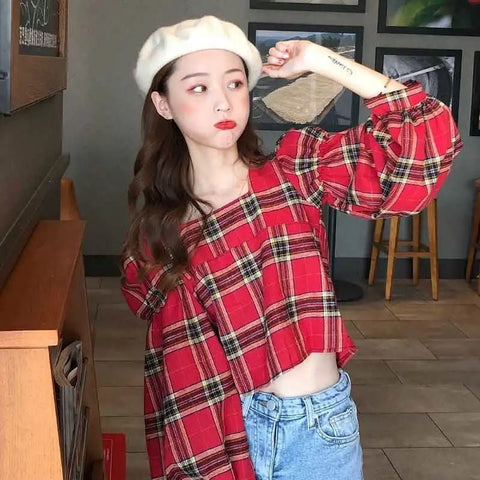 Plaid Backless Lace Up Lantern Sleeve Shirt