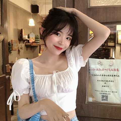 Puff Sleeve Bow Cropped Slim Shirt