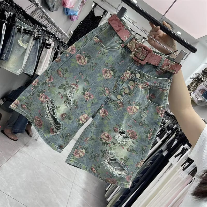 High Waist Ripped Floral Pattern Denim Shorts