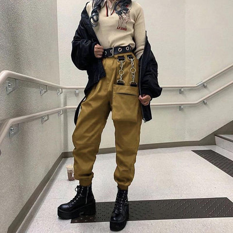 High Waist Ribbon Cargo Jogger Pants