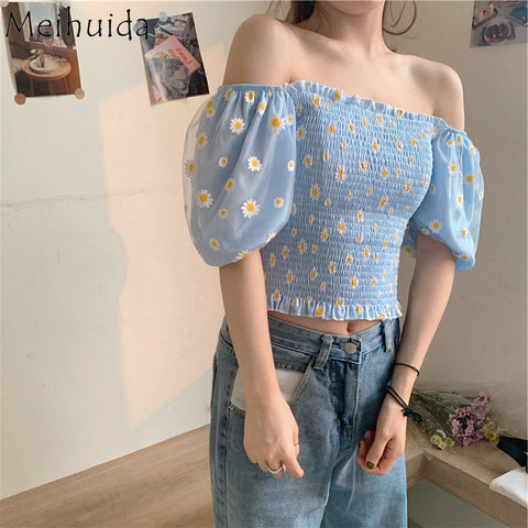 Daisy Embroidery Mesh Sleeve Summer Shirt