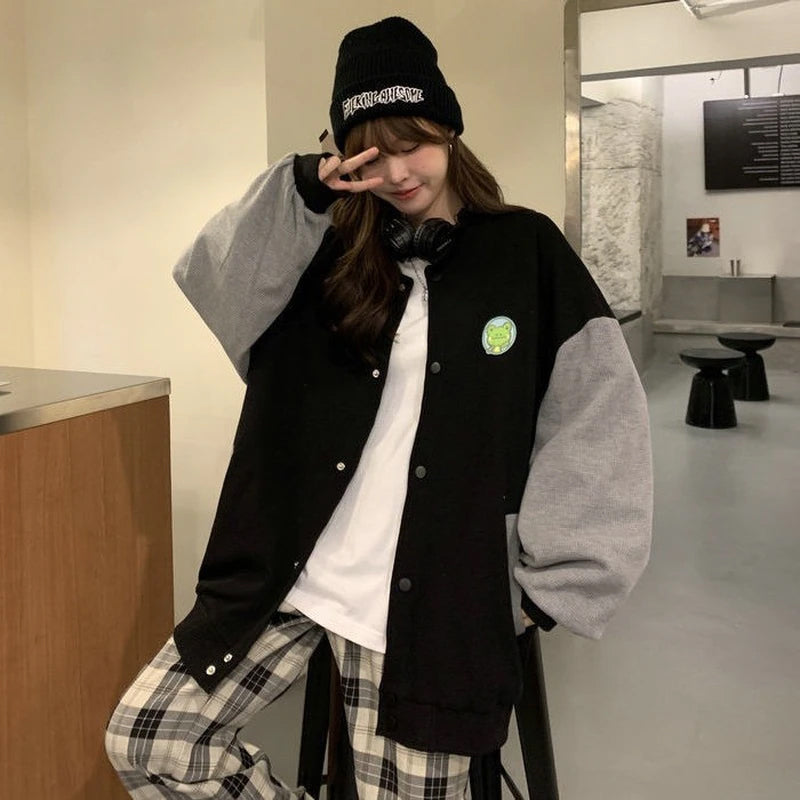 Cute Frog Embroidery Loose Baseball Jackets