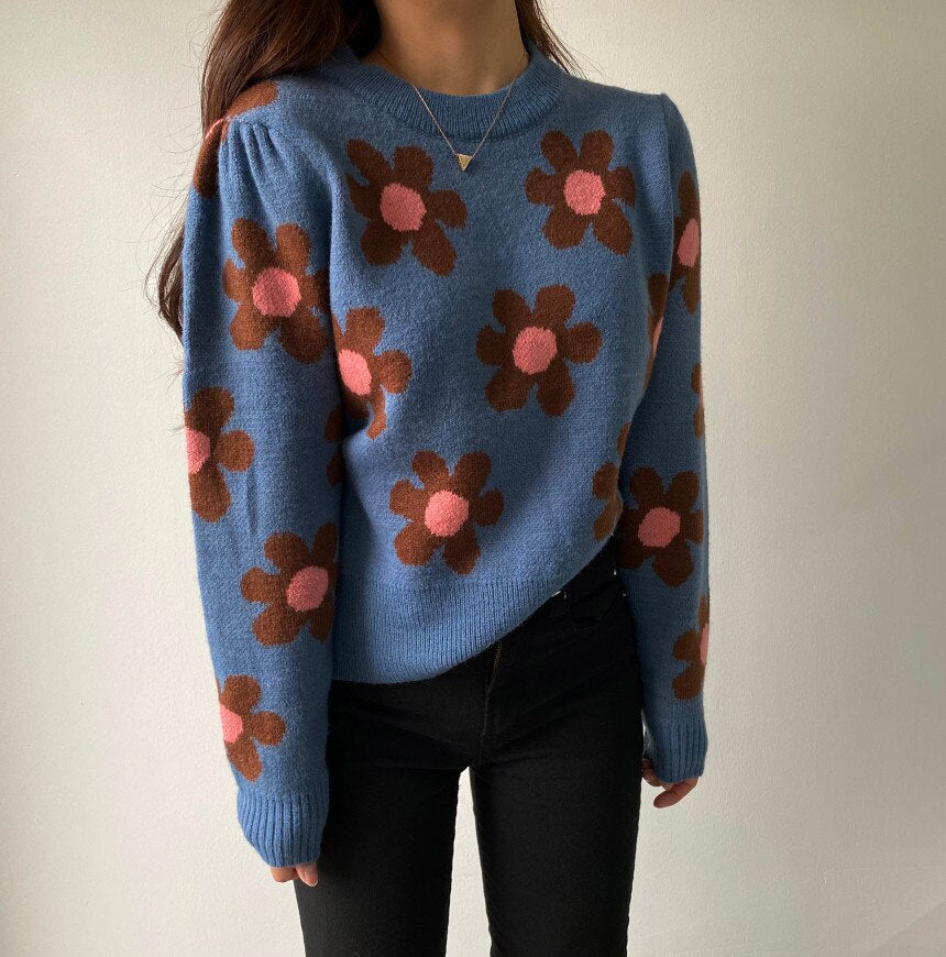 Flower O Neck Knitted Long Sleeve Sweater