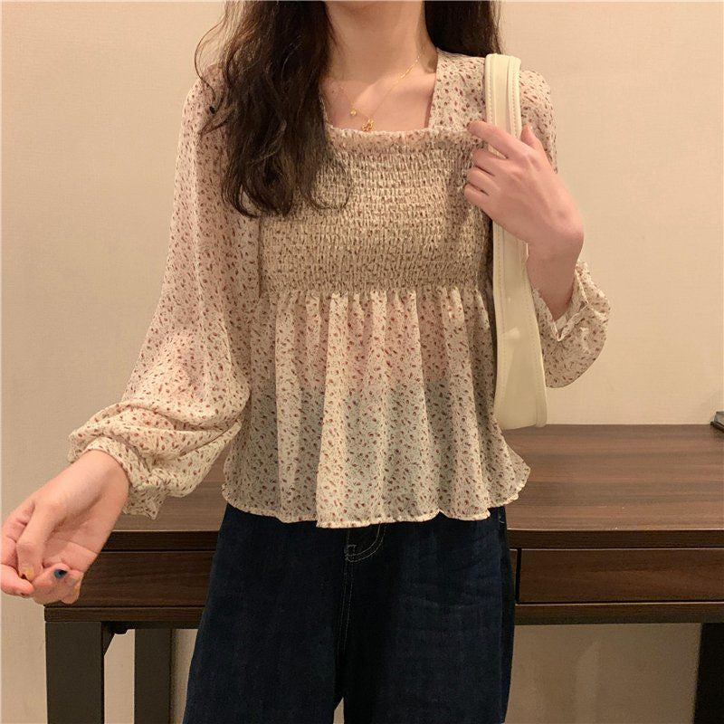 Long Lantern Sleeve Square Collar Blouse Shirts