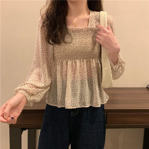 Long Lantern Sleeve Square Collar Blouse Shirts