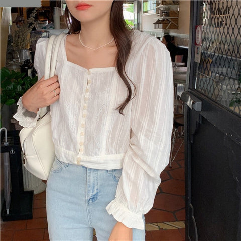 Long Sleeve Square Collar Lace Cropped Blouse