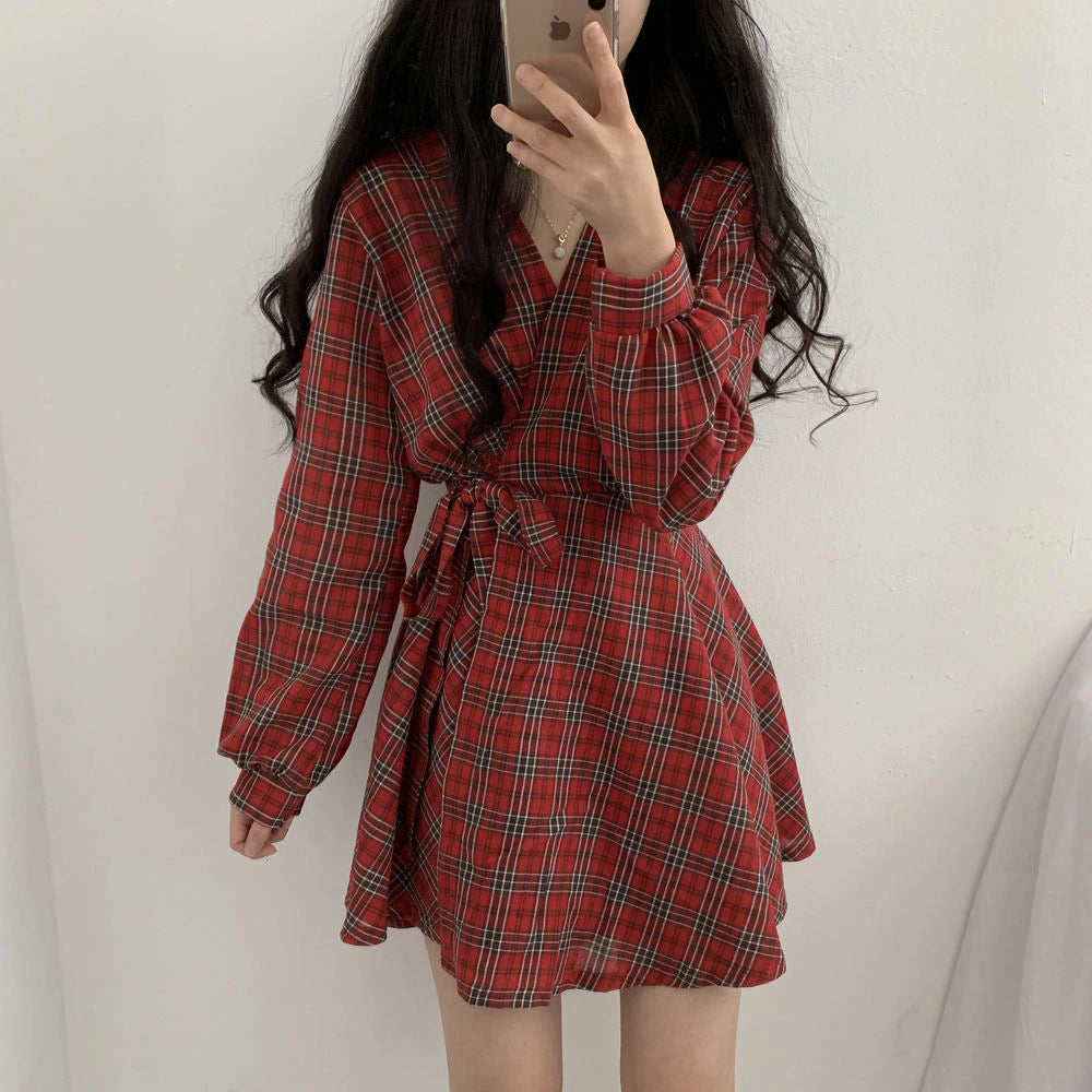 Long Sleeve Cute Bow Plaid Midi Elegant Dress