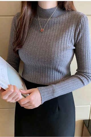Long Sleeve Semi High Neck Knitted Slim Sweater