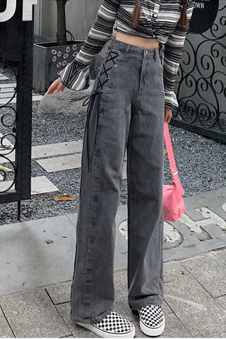 High Waist Side Lace Up Grey Jeans Pants