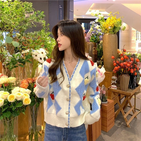 V-Neck Fruit Embroidered Cardigan Sweater