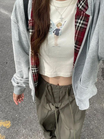 Long Sleeve Plaid Adjustable Zipper Hooded Sweatshirt