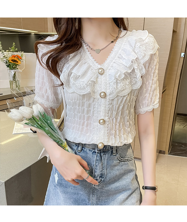 V-Neck French Vintage Ruffle Lace Blouse