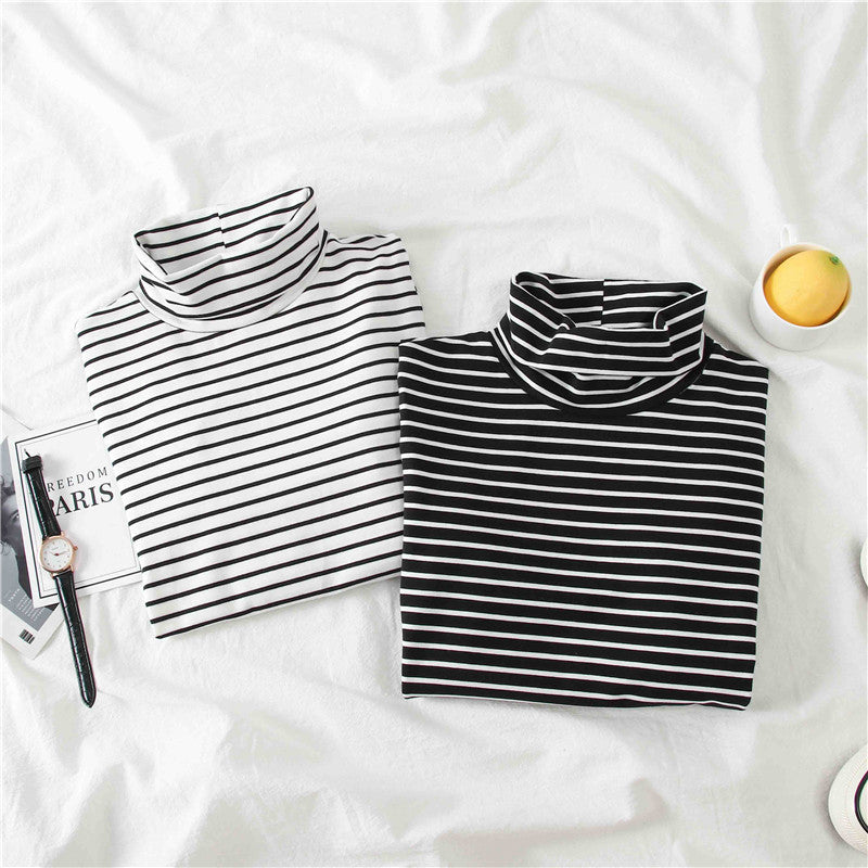 High Neck Long Sleeve Striped Slim Shirt