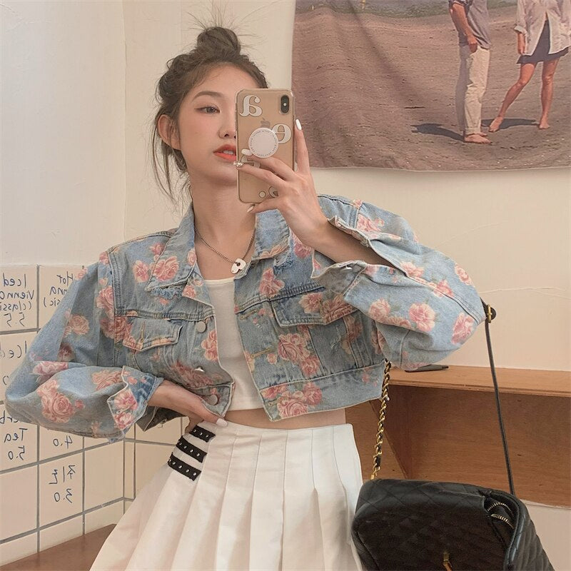 Rose Pattern Loose Short Jeans Jacket