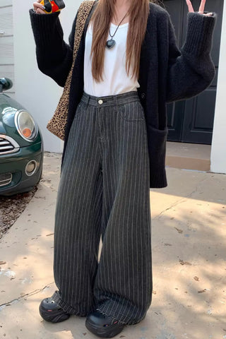 High Waist Loose Retro Black Striped Pants