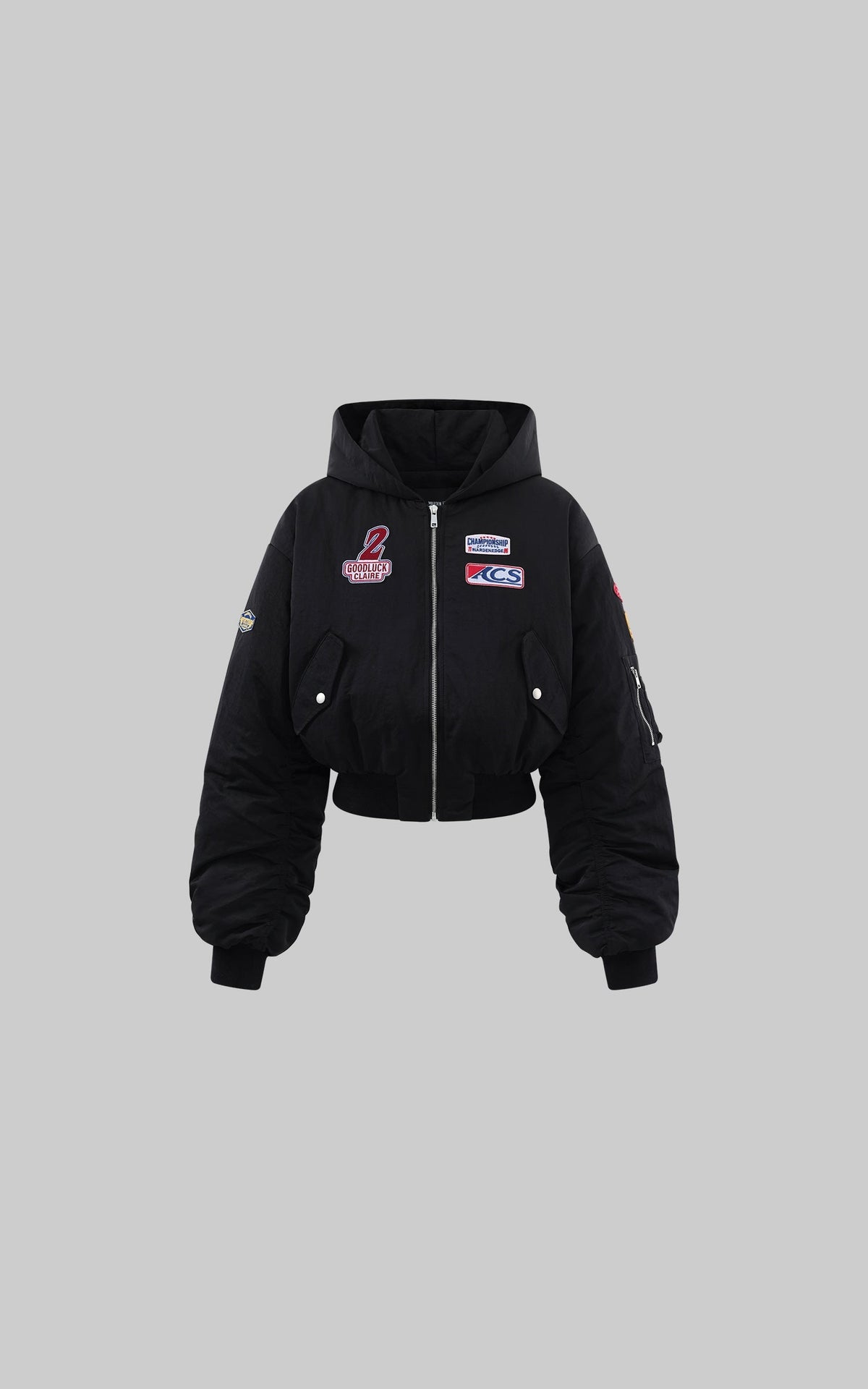 Moto Patch Hooded Cropped Bomber Jacket