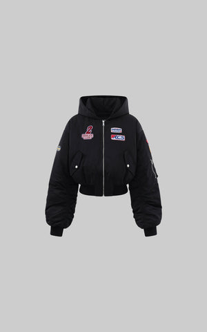 Moto Patch Hooded Cropped Bomber Jacket