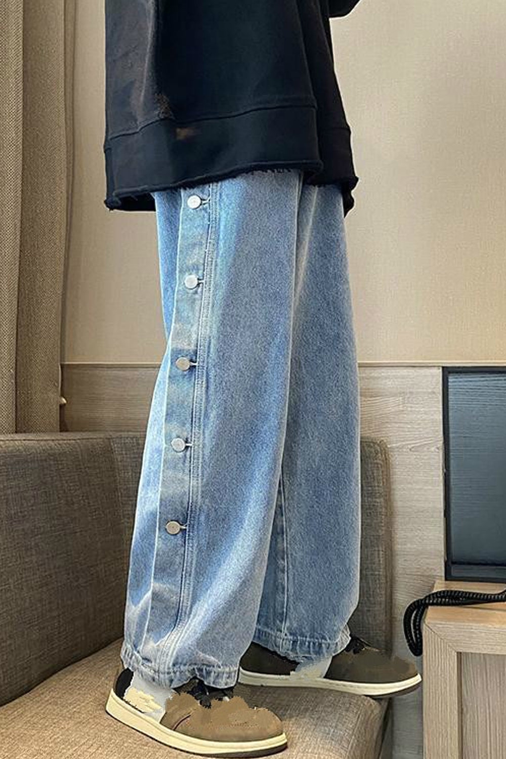 Casual Side Buttons Loose Jeans Pants