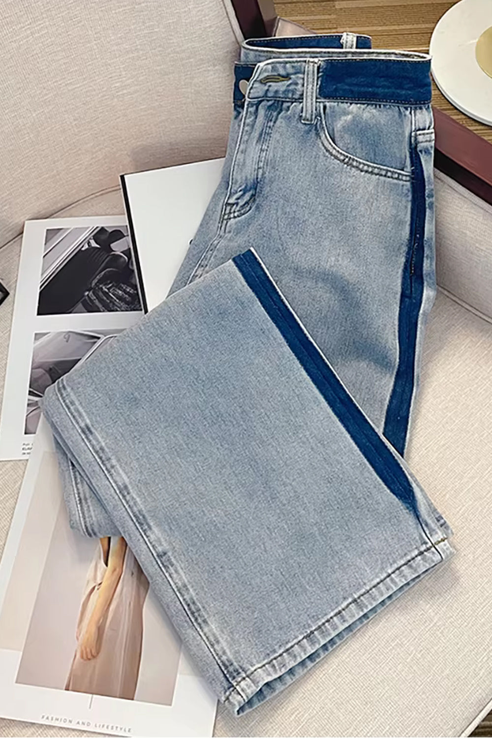 High Waist Loose Blue Lined Jeans Pants