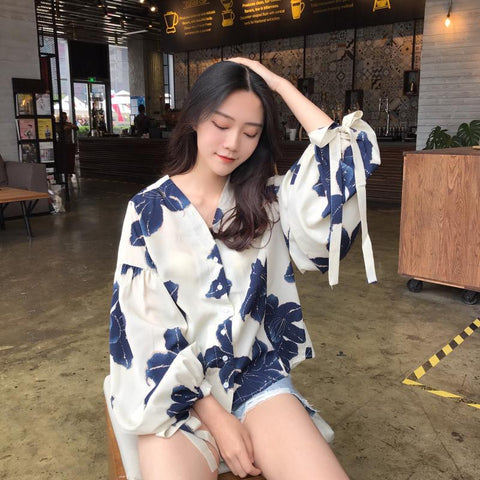 Flower Elegant Lantern Sleeve Blouse Shirt