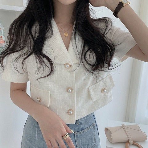 Short Sleeve Nothced Slim Blazer Shirt