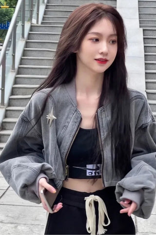 Long Sleeve Cropped Style Grey Denim Jacket