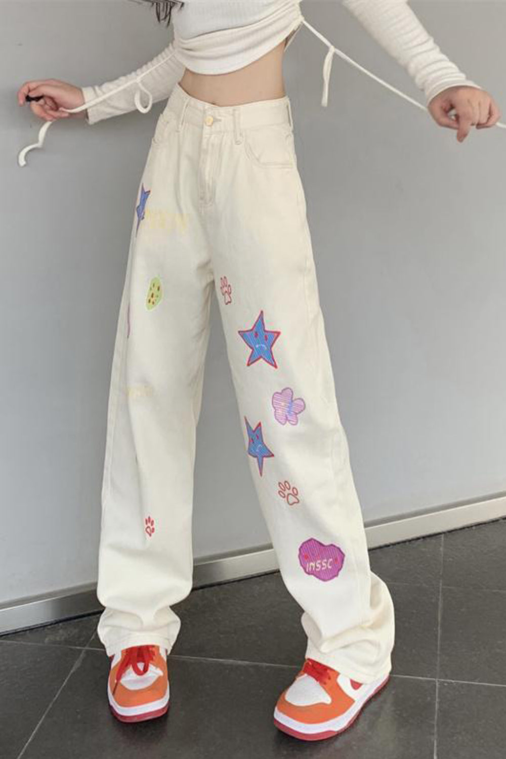 High Waist Cute Cartoon Pattern Long Jeans Pants