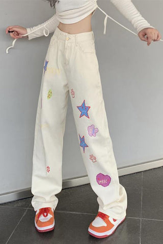 High Waist Cute Cartoon Pattern Long Jeans Pants