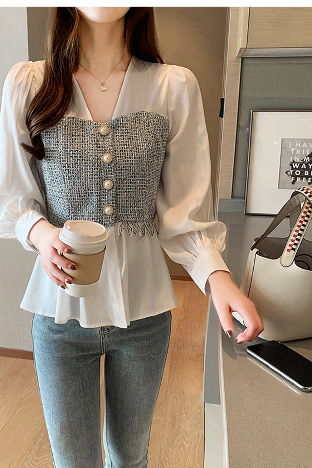 V-Neck Tassel Spliced Chiffon Office Blouse Shirt